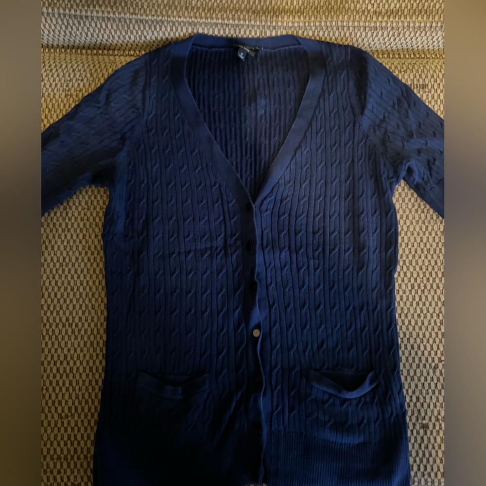 Talbot’s navy blue cardigan.